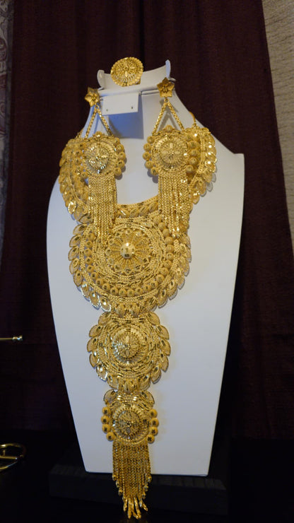 Gold Plated Matinee Set - 3 Pieces (Necklace, Earrings & Ring) HOE-MT-3-51- H102