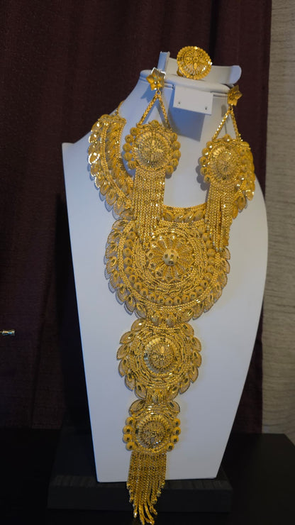 Gold Plated Matinee Set - 3 Pieces (Necklace, Earrings & Ring) HOE-MT-3-51- H102