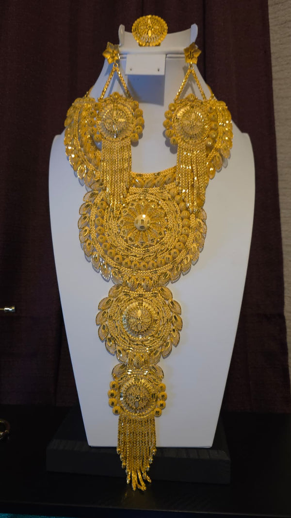 Gold Plated Matinee Set - 3 Pieces (Necklace, Earrings & Ring) HOE-MT-3-51- H102