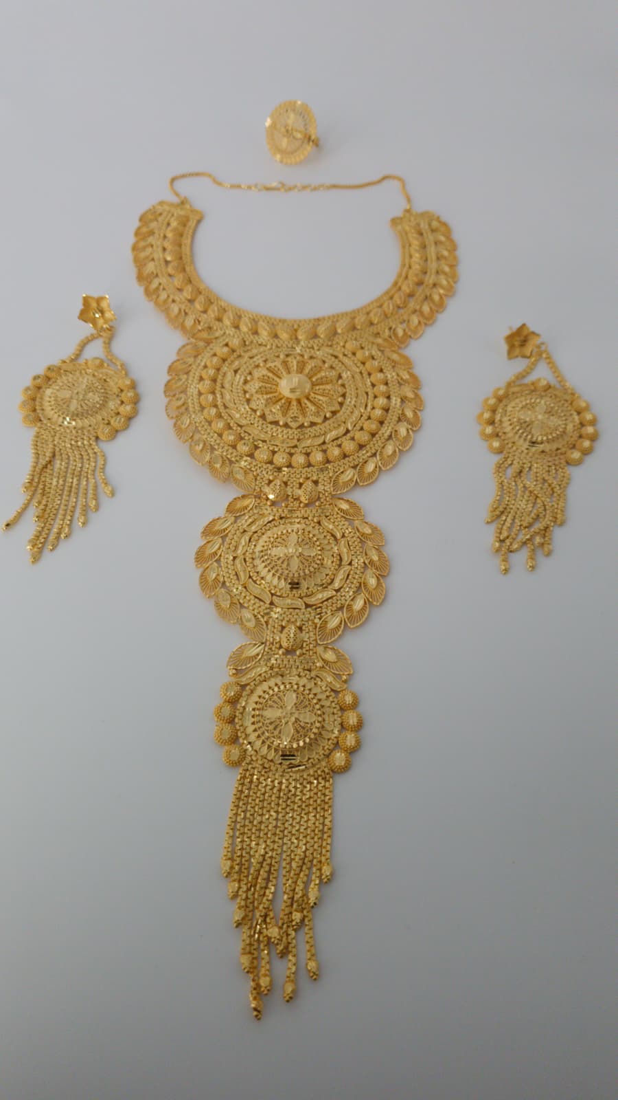 Gold Plated Matinee Set - 3 Pieces (Necklace, Earrings & Ring) HOE-MT-3-51- H102