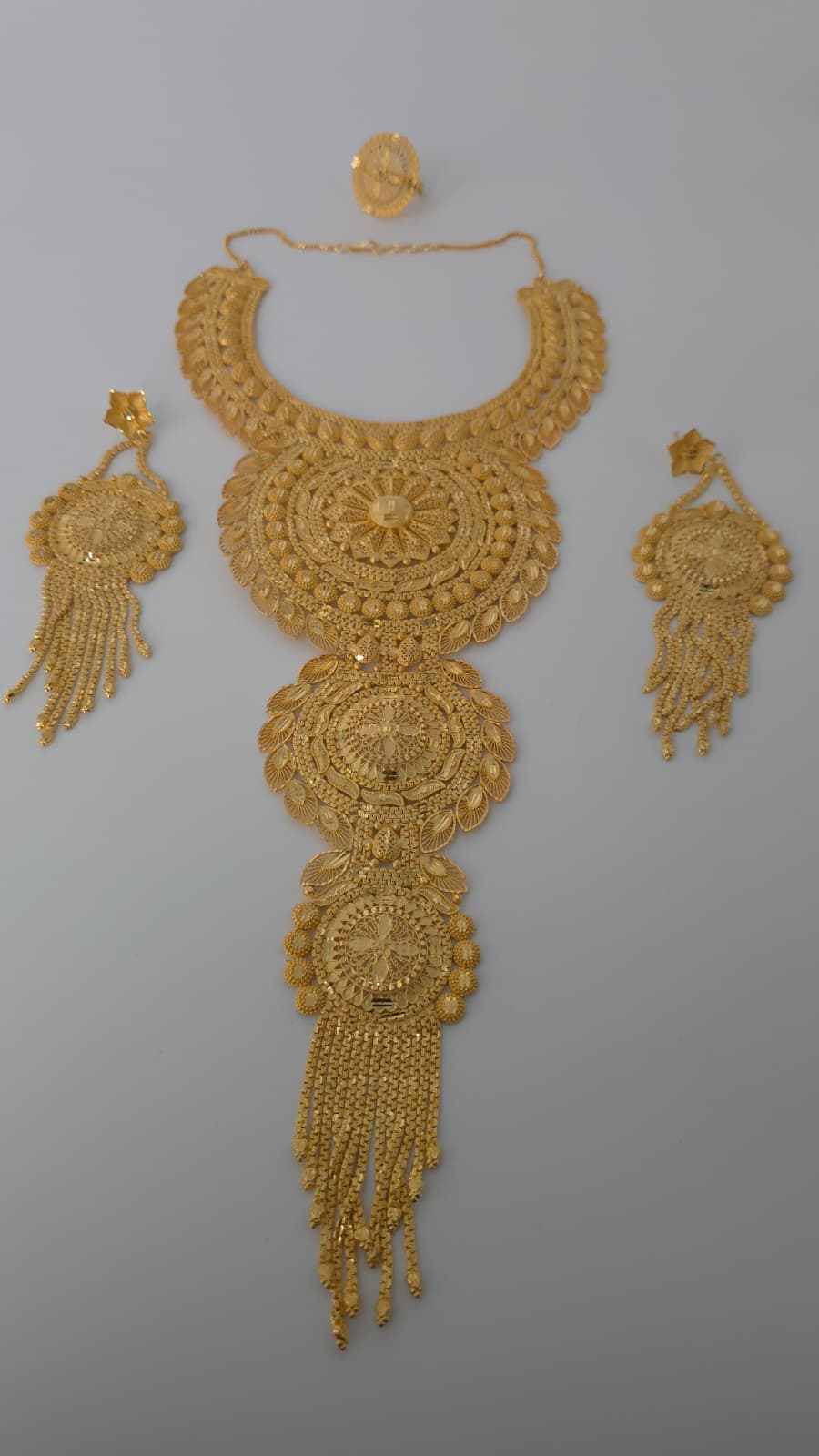 Gold Plated Matinee Set - 3 Pieces (Necklace, Earrings & Ring) HOE-MT-3-51- H102