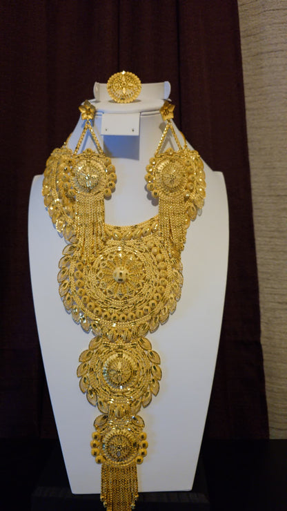 Gold Plated Matinee Set - 3 Pieces (Necklace, Earrings & Ring) HOE-MT-3-51- H102