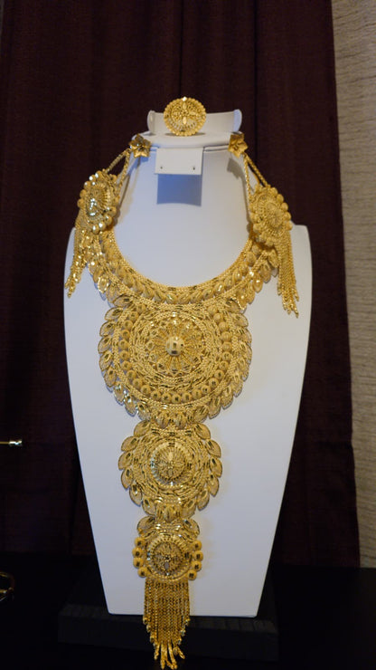 Gold Plated Matinee Set - 3 Pieces (Necklace, Earrings & Ring) HOE-MT-3-51- H102