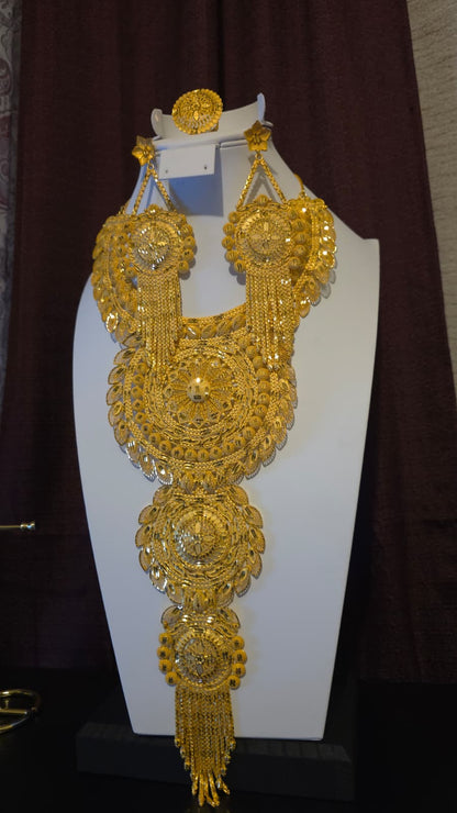 Gold Plated Matinee Set - 3 Pieces (Necklace, Earrings & Ring) HOE-MT-3-51- H102