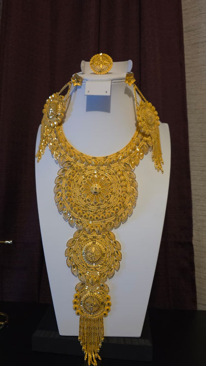 Gold Plated Matinee Set - 3 Pieces (Necklace, Earrings & Ring) HOE-MT-3-51- H102