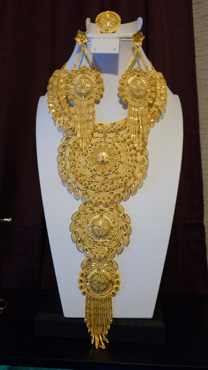 Gold Plated Matinee Set - 3 Pieces (Necklace, Earrings & Ring) HOE-MT-3-51- H102
