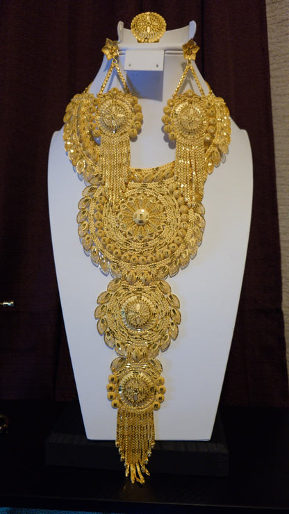 Gold Plated Matinee Set - 3 Pieces (Necklace, Earrings & Ring) HOE-MT-3-51- H102