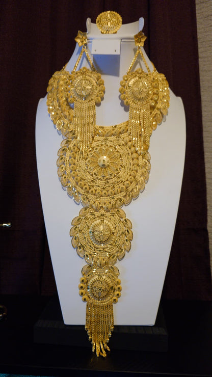 Gold Plated Matinee Set - 3 Pieces (Necklace, Earrings & Ring) HOE-MT-3-51- H102