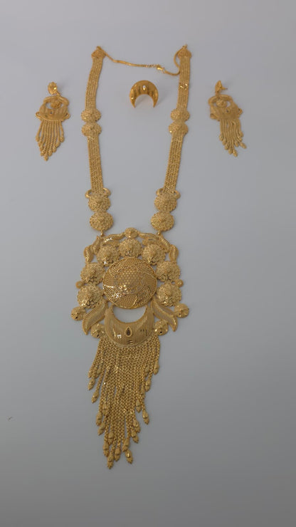 Gold Plated Matinee Set - 3 Pieces (Necklace, Earrings & Ring) HOE-MT-3-51- H108
