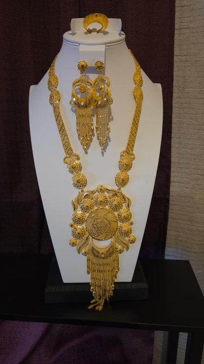 Gold Plated Matinee Set - 3 Pieces (Necklace, Earrings & Ring) HOE-MT-3-51- H108