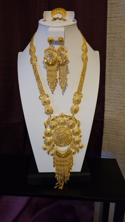 Gold Plated Matinee Set - 3 Pieces (Necklace, Earrings & Ring) HOE-MT-3-51- H108