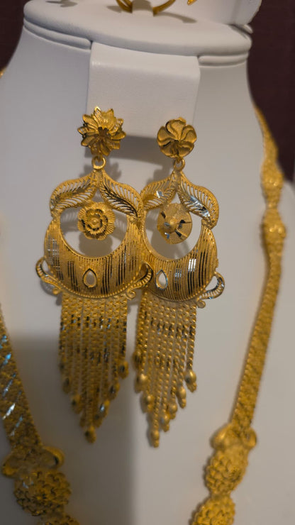 Gold Plated Matinee Set - 3 Pieces (Necklace, Earrings & Ring) HOE-MT-3-51- H108