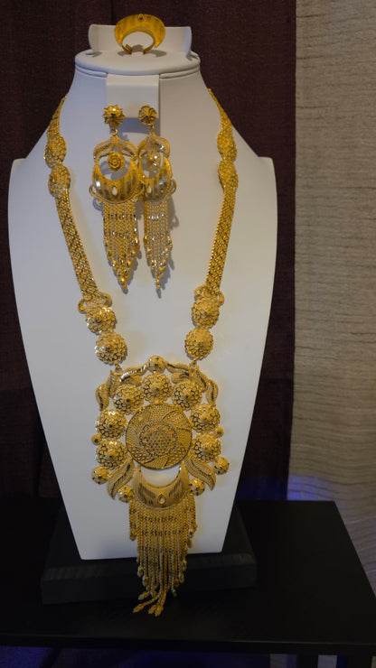 Gold Plated Matinee Set - 3 Pieces (Necklace, Earrings & Ring) HOE-MT-3-51- H108