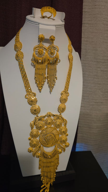 Gold Plated Matinee Set - 3 Pieces (Necklace, Earrings & Ring) HOE-MT-3-51- H108