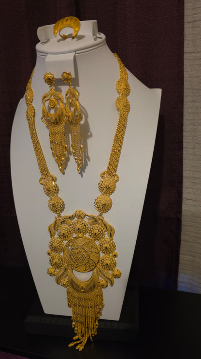 Gold Plated Matinee Set - 3 Pieces (Necklace, Earrings & Ring) HOE-MT-3-51- H108
