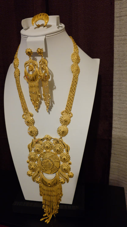 Gold Plated Matinee Set - 3 Pieces (Necklace, Earrings & Ring) HOE-MT-3-51- H108