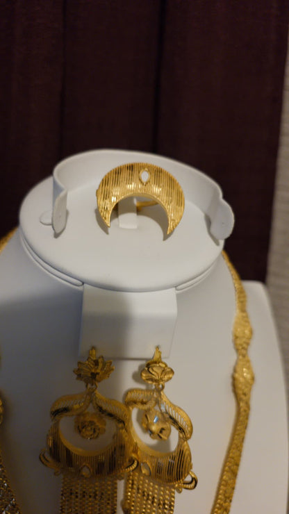 Gold Plated Matinee Set - 3 Pieces (Necklace, Earrings & Ring) HOE-MT-3-51- H108
