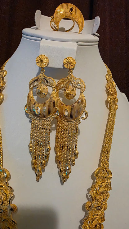 Gold Plated Matinee Set - 3 Pieces (Necklace, Earrings & Ring) HOE-MT-3-51- H114