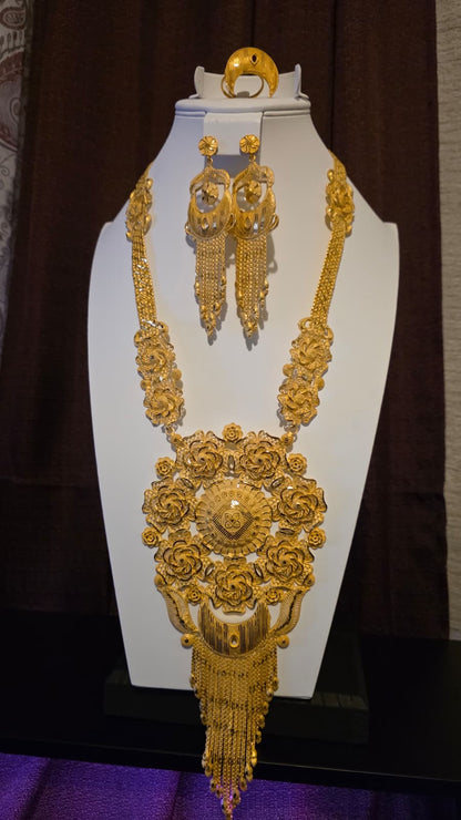 Gold Plated Matinee Set - 3 Pieces (Necklace, Earrings & Ring) HOE-MT-3-51- H114