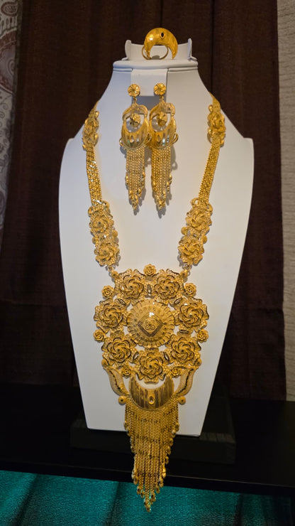 Gold Plated Matinee Set - 3 Pieces (Necklace, Earrings & Ring) HOE-MT-3-51- H114