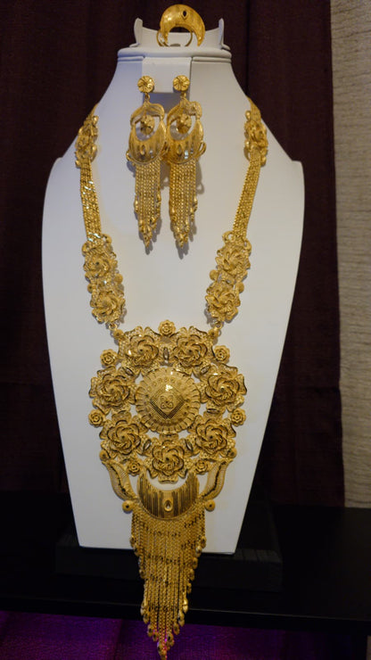 Gold Plated Matinee Set - 3 Pieces (Necklace, Earrings & Ring) HOE-MT-3-51- H114