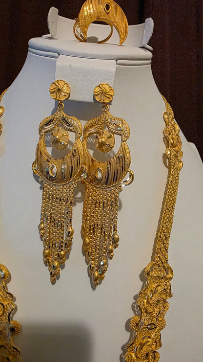 Gold Plated Matinee Set - 3 Pieces (Necklace, Earrings & Ring) HOE-MT-3-51- H114