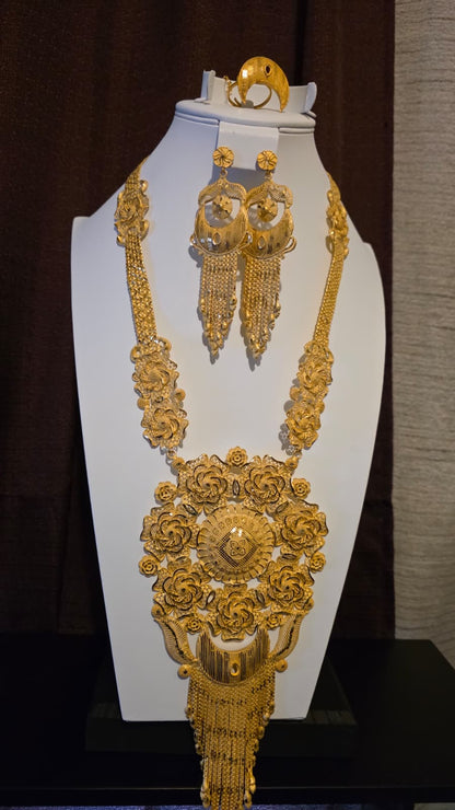 Gold Plated Matinee Set - 3 Pieces (Necklace, Earrings & Ring) HOE-MT-3-51- H114
