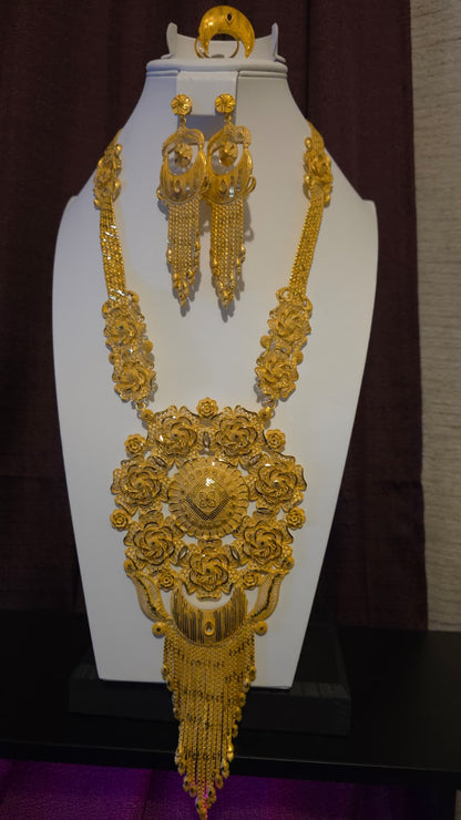 Gold Plated Matinee Set - 3 Pieces (Necklace, Earrings & Ring) HOE-MT-3-51- H114
