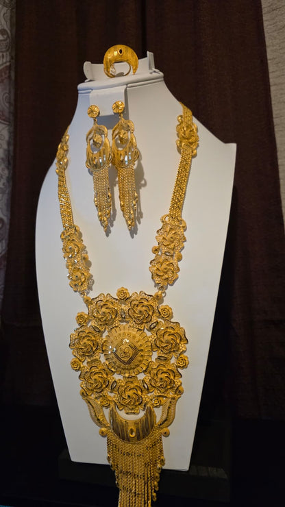 Gold Plated Matinee Set - 3 Pieces (Necklace, Earrings & Ring) HOE-MT-3-51- H114