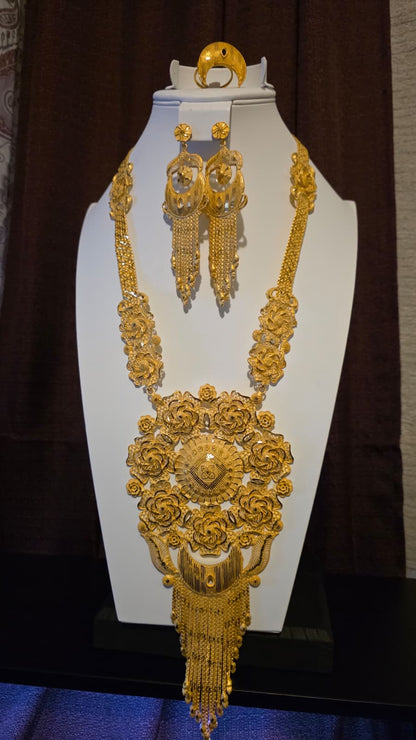 Gold Plated Matinee Set - 3 Pieces (Necklace, Earrings & Ring) HOE-MT-3-51- H114