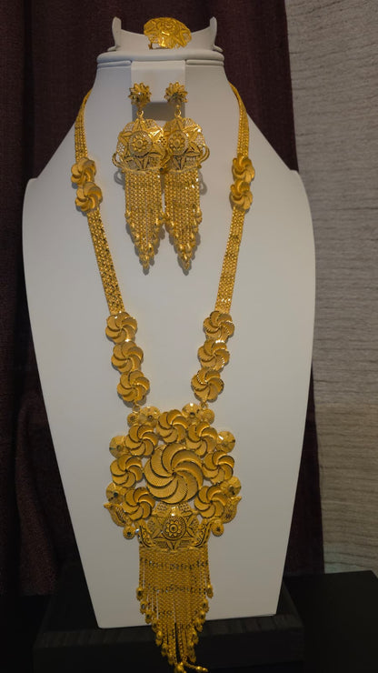 Gold Plated Matinee Set - 3 Pieces (Necklace, Earrings & Ring) HOE-MT-3-51- H119