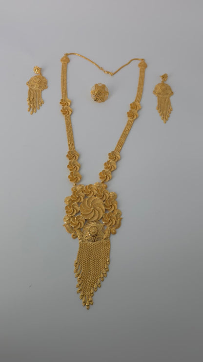 Gold Plated Matinee Set - 3 Pieces (Necklace, Earrings & Ring) HOE-MT-3-51- H119
