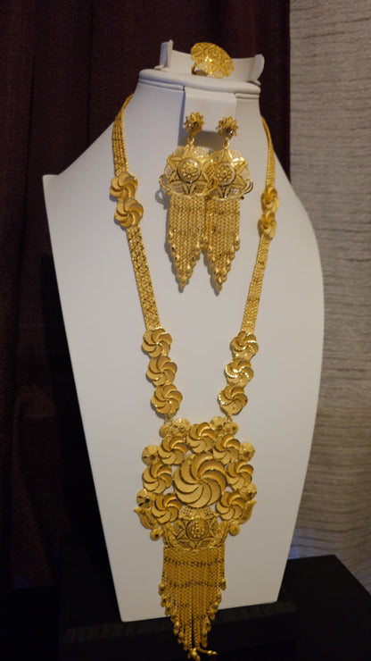 Gold Plated Matinee Set - 3 Pieces (Necklace, Earrings & Ring) HOE-MT-3-51- H119