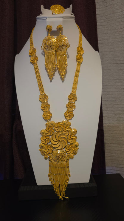 Gold Plated Matinee Set - 3 Pieces (Necklace, Earrings & Ring) HOE-MT-3-51- H119