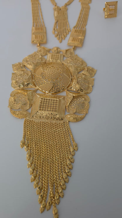 Gold Plated Matinee Set - 3 Pieces (Necklace, Earrings & Ring) HOE-MT-3-51- H68
