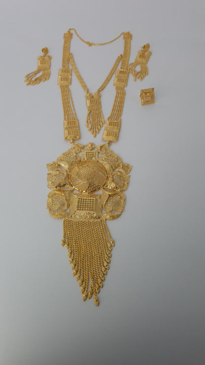Gold Plated Matinee Set - 3 Pieces (Necklace, Earrings & Ring) HOE-MT-3-51- H68