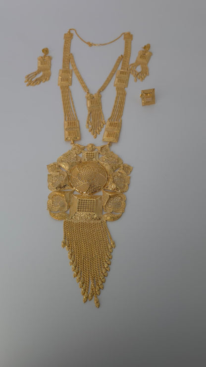 Gold Plated Matinee Set - 3 Pieces (Necklace, Earrings & Ring) HOE-MT-3-51- H68