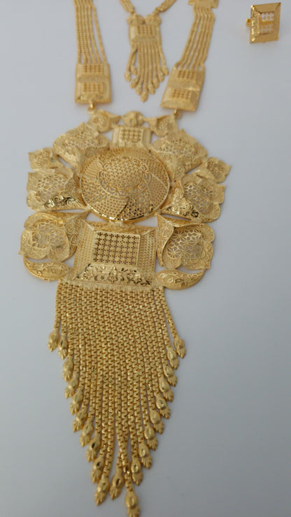 Gold Plated Matinee Set - 3 Pieces (Necklace, Earrings & Ring) HOE-MT-3-51- H68