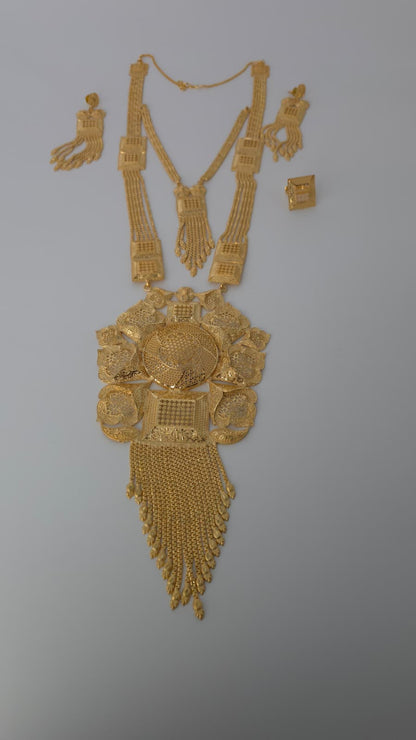 Gold Plated Matinee Set - 3 Pieces (Necklace, Earrings & Ring) HOE-MT-3-51- H68