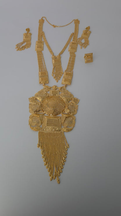 Gold Plated Matinee Set - 3 Pieces (Necklace, Earrings & Ring) HOE-MT-3-51- H68
