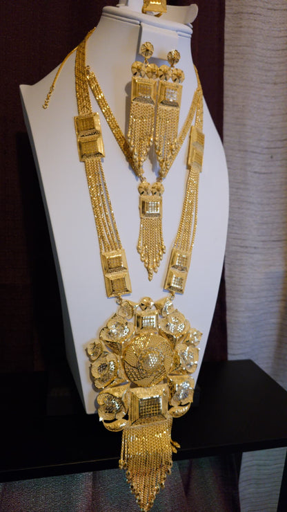 Gold Plated Matinee Set - 3 Pieces (Necklace, Earrings & Ring) HOE-MT-3-51- H68