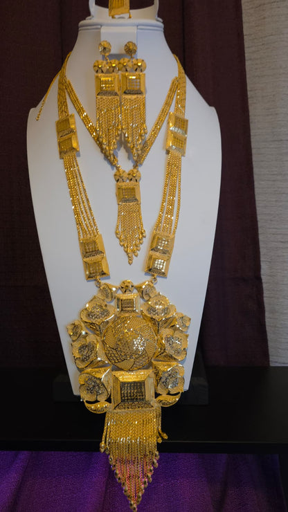 Gold Plated Matinee Set - 3 Pieces (Necklace, Earrings & Ring) HOE-MT-3-51- H68