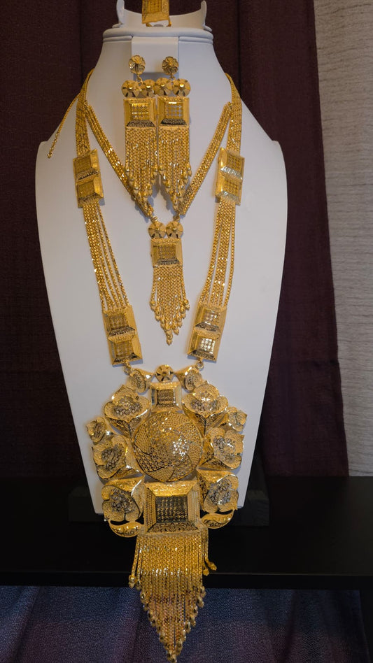 Gold Plated Matinee Set - 3 Pieces (Necklace, Earrings & Ring) HOE-MT-3-51- H68
