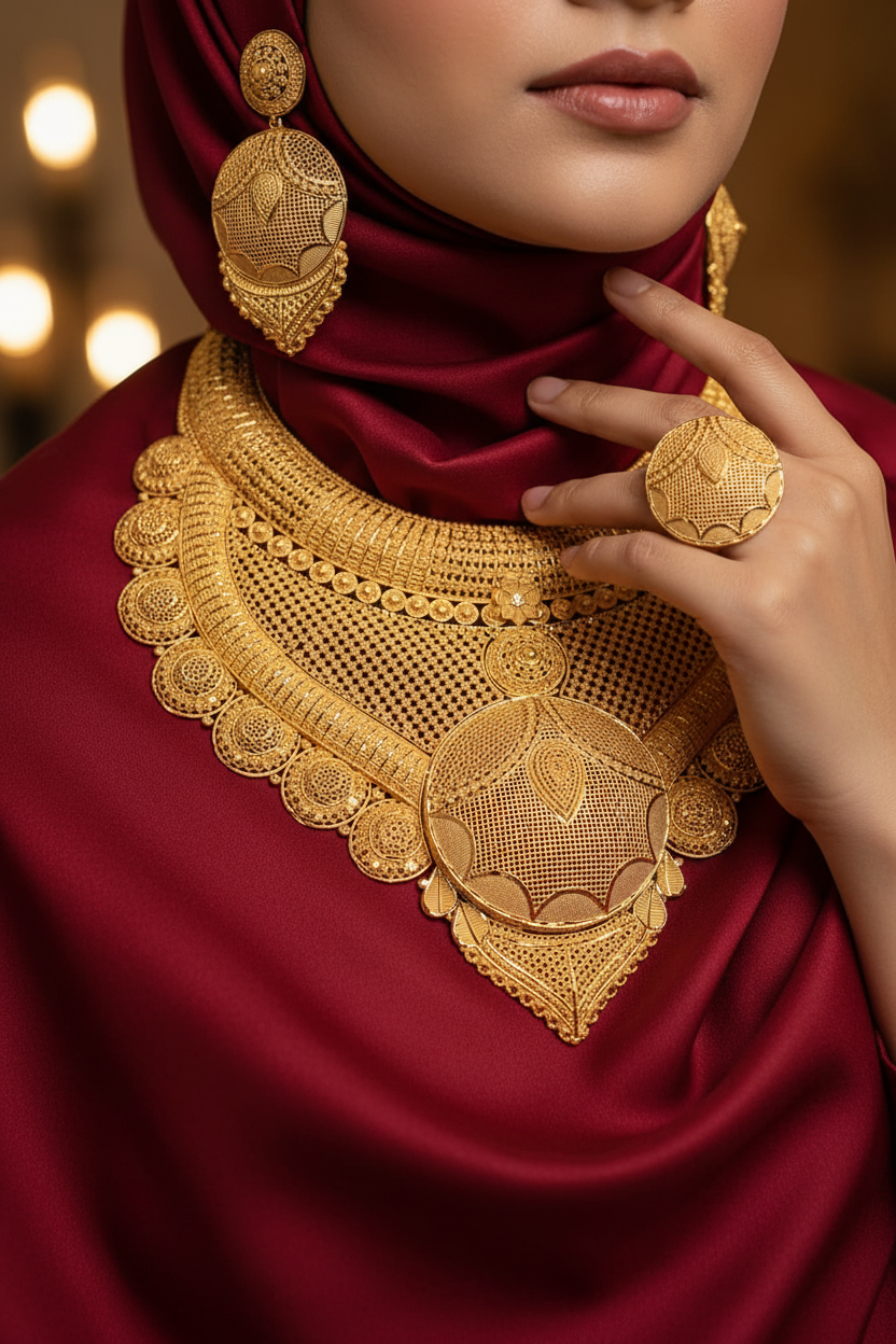 Coordinated ring and earrings close-up