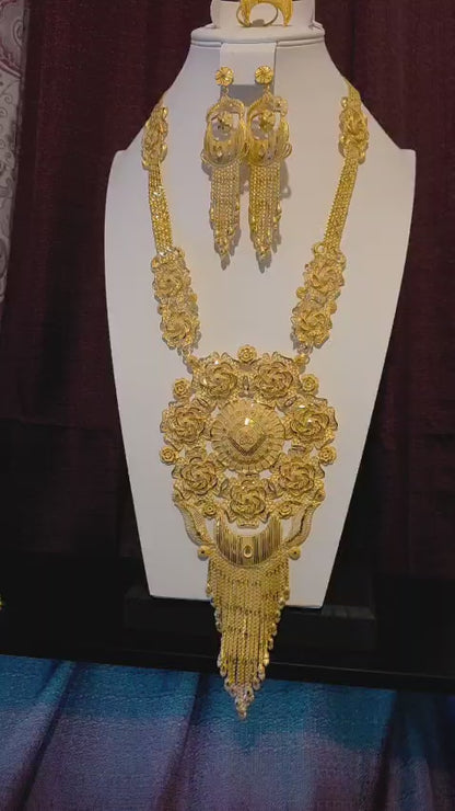 Gold Plated Matinee Set - 3 Pieces (Necklace, Earrings & Ring) HOE-MT-3-51- H114