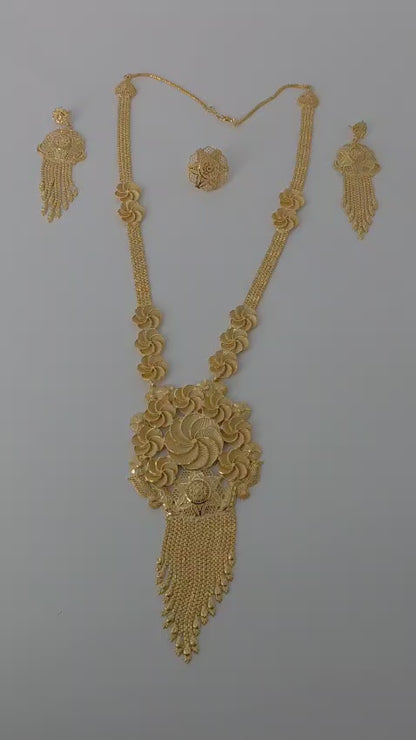 Gold Plated Matinee Set - 3 Pieces (Necklace, Earrings & Ring) HOE-MT-3-51- H119