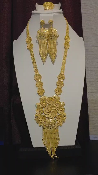 Gold Plated Matinee Set - 3 Pieces (Necklace, Earrings & Ring) HOE-MT-3-51- H119