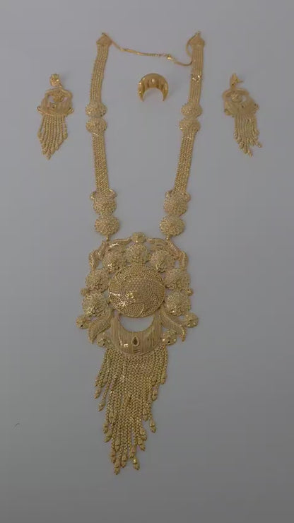 Gold Plated Matinee Set - 3 Pieces (Necklace, Earrings & Ring) HOE-MT-3-51- H108