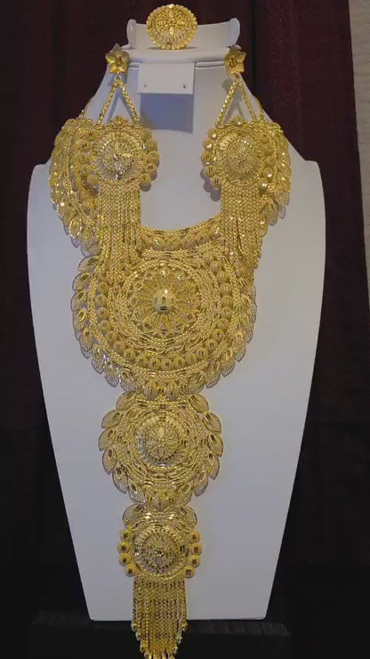 Gold Plated Matinee Set - 3 Pieces (Necklace, Earrings & Ring) HOE-MT-3-51- H102