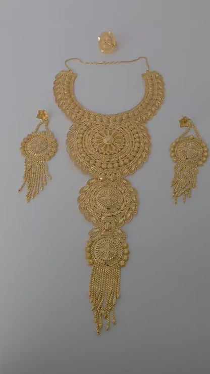 Gold Plated Matinee Set - 3 Pieces (Necklace, Earrings & Ring) HOE-MT-3-51- H102